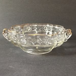 Jeannette Glass Round Aztec Rose Footed Serving Bowl with Gold Rim #3125 Pattern